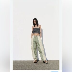 ZARA Color Block Parachute Cargo Pants Green Cream